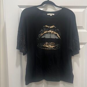 Black Graphic Tee with Gold Lips and sequin sleeves